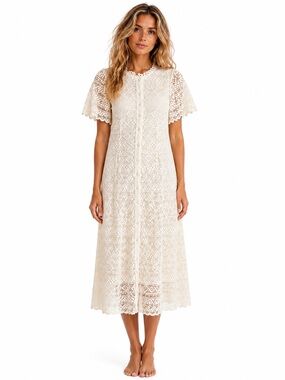DownEast Ivory Crochet Lace Midi Dress Women’s Large Cottagecore Boho